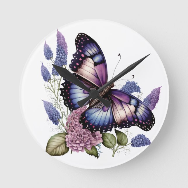 PRETTY PURPLE WATERCOLOR BUTTERFLIES AND FLOWERS ROUND CLOCK (Front)