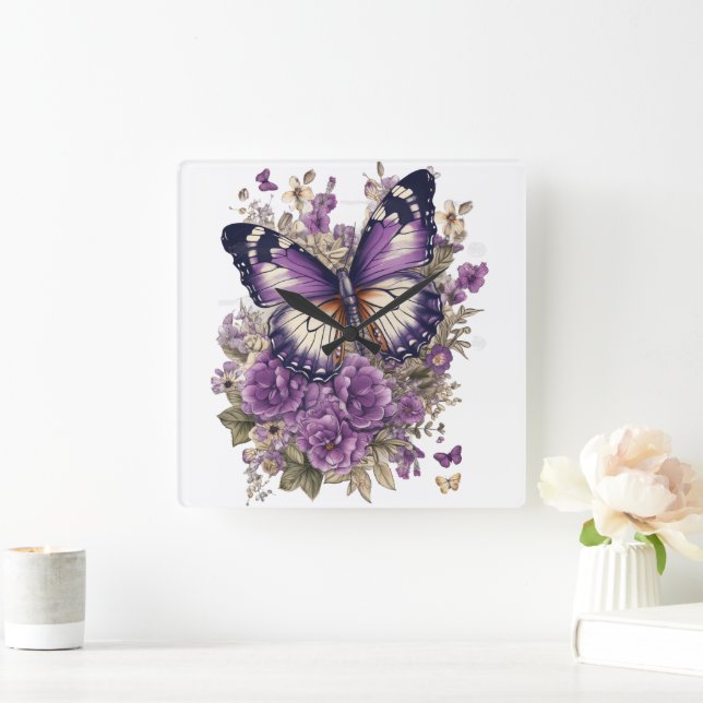 PRETTY PURPLE WATERCOLOR BUTTERFLIES AND FLOWERS SQUARE WALL CLOCK (Home)
