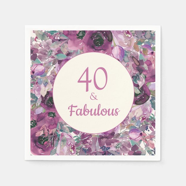 Pretty Purple Watercolor Floral 40 Fabulous Napkin (Front)