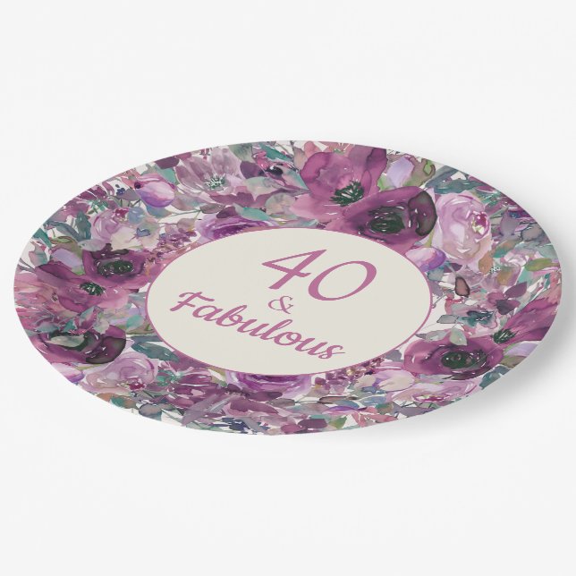 Pretty Purple Watercolor Floral 40 Fabulous Paper Plate (Angled)