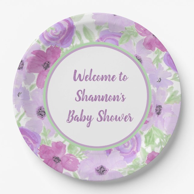 Pretty Purple Watercolor Floral Baby Shower Paper Plate (Front)