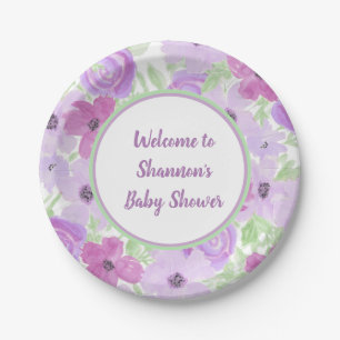 Pretty Purple Watercolor Floral Baby Shower Paper Plate