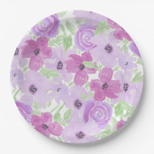 Pretty Purple Watercolor Floral Baby Shower Paper Plate