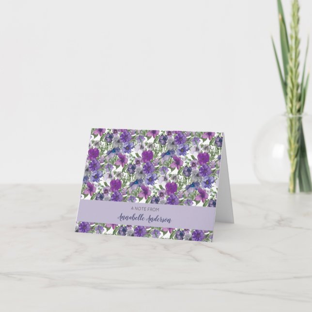 Pretty Purple Watercolor Floral Pattern Script Note Card (Front)