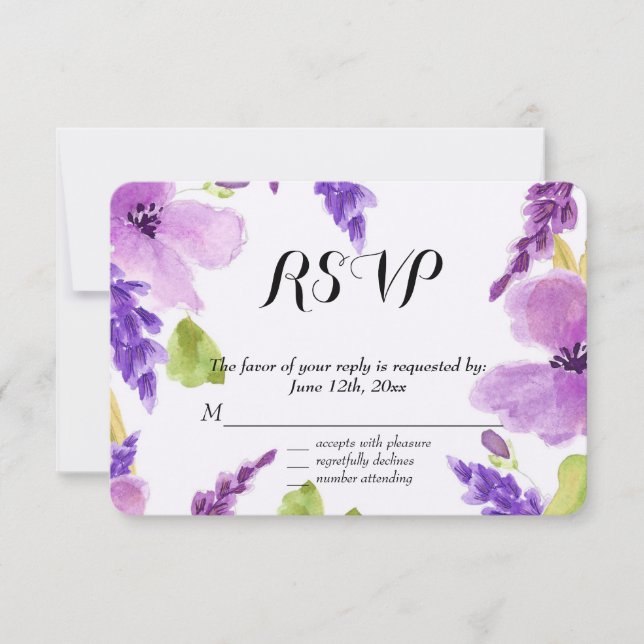 Pretty Purple Watercolor Floral  RSVP Card (Front)