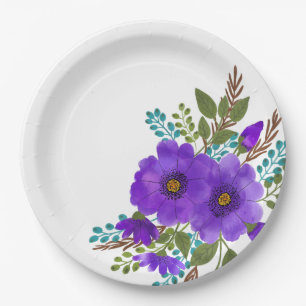 Pretty Purple Watercolor Flowers Paper Plate