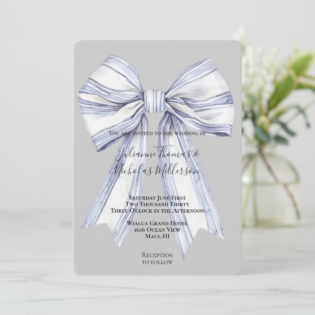 Pretty Purple White Bow Grey Wedding Invitation (Standing Front)
