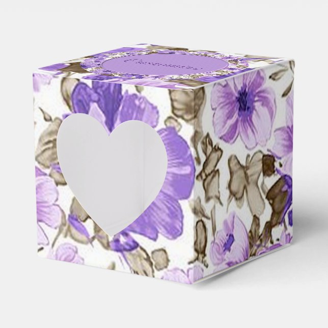 Pretty Purple & White Floral Cube Favour Box (Front Side)