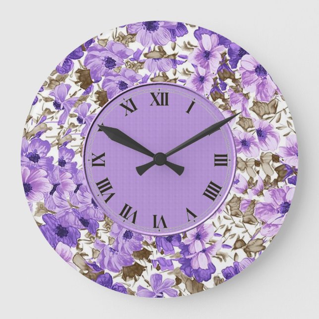 Pretty Purple & White Floral Wall Clock (Front)