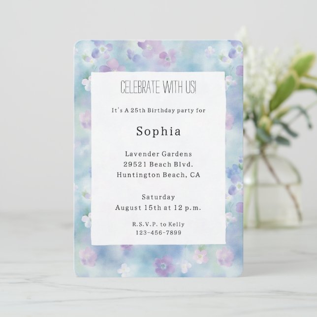 Pretty Purple White Flowers Birthday Invitation (Standing Front)