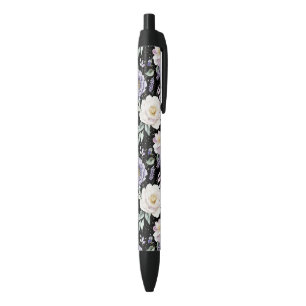 Pretty Purple White Flowers Black Ink Pen