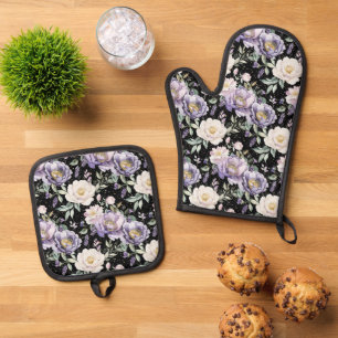 Pretty Purple White Flowers Oven Mitt & Pot Holder Set