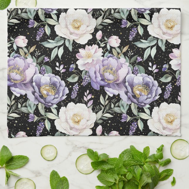 Pretty Purple White Flowers Tea Towel (Folded)