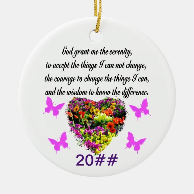 PRETTY PURPLE WILD FLOWER SERENITY PRAYER PHOTO CERAMIC TREE DECORATION (Front)