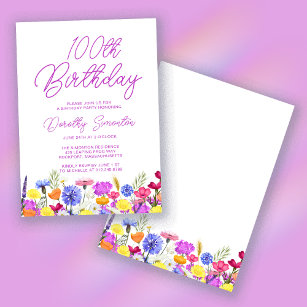 Pretty Purple Wildflower Adult 100th Birthday Invitation