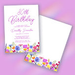 Pretty Purple Wildflower Adult 30th Birthday Invitation<br><div class="desc">A pretty wildflower border decorates the bottom of this adult 30th birthday invitation. Purple, blue, yellow and orange flowers create a colourful and happy design to celebrate this milestone birthday. Modern and simple purple calligraphy adds a trendy touch to keep it fresh. The open and carefree lettering flow coordinates perfectly...</div>
