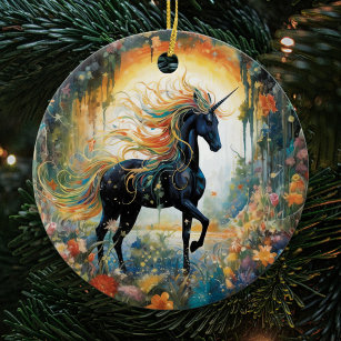 Pretty Rainbow Black Unicorn Ceramic Tree Decoration