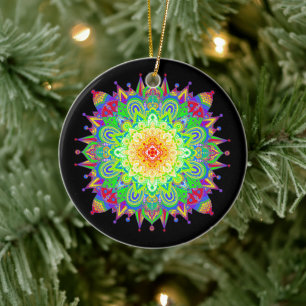 Pretty Rainbow Coloured Mandala Abstract Art Ceram Ceramic Tree Decoration