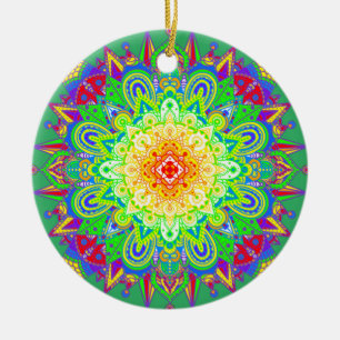 Pretty Rainbow Coloured Mandala Abstract Art Ceram Ceramic Tree Decoration