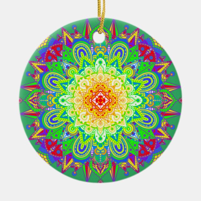 Pretty Rainbow Coloured Mandala Abstract Art Ceram Ceramic Tree Decoration (Front)