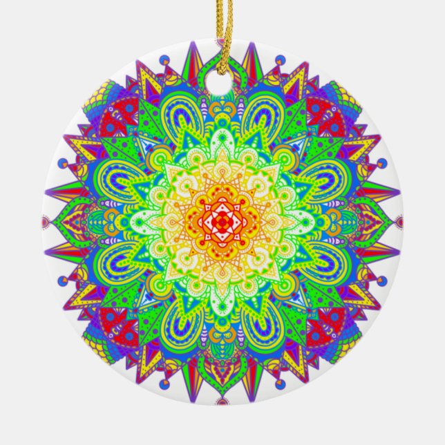 Pretty Rainbow Coloured Mandala Abstract Art Ceramic Tree Decoration (Front)