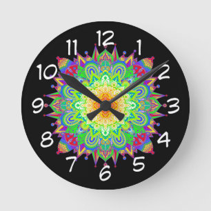 Pretty Rainbow Coloured Mandala Abstract Art Round Clock