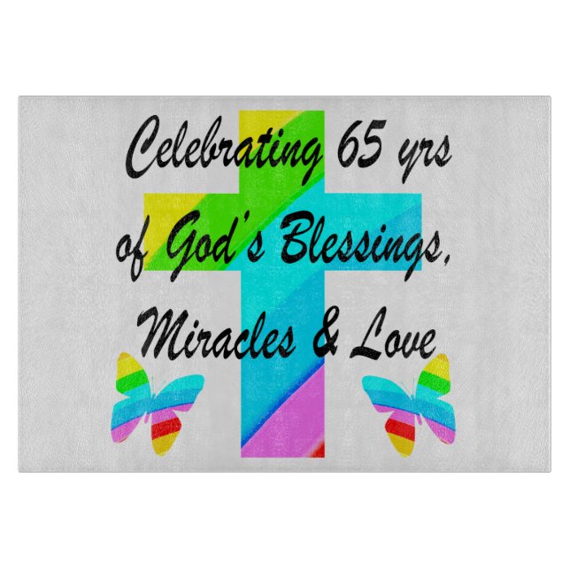 PRETTY RAINBOW CROSS 65TH BIRTHDAY DESIGN CUTTING BOARD (Front)