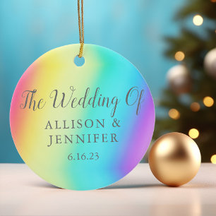 Pretty Rainbow Fade Personalized LGBTQ Wedding Ceramic Tree Decoration