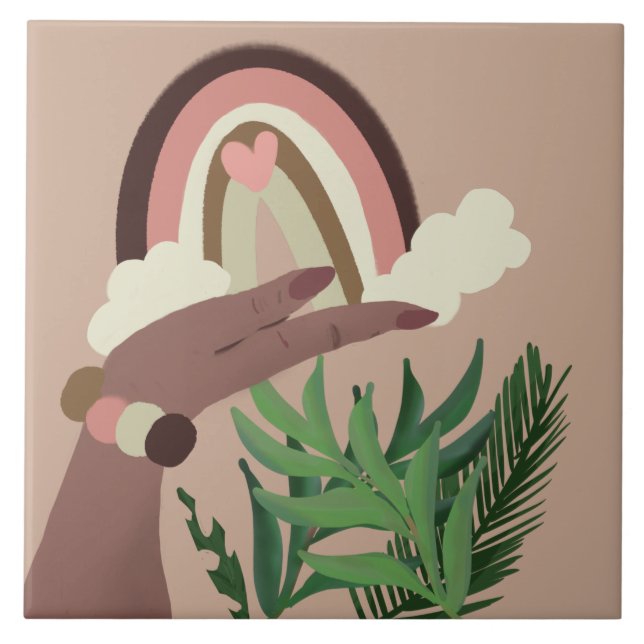Pretty Rainbow Natural Greenery Feminine Hands Tile (Front)