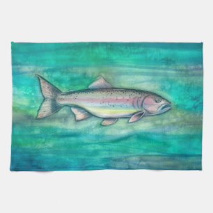 Pretty Rainbow Trout Watercolor Art Tea Towel