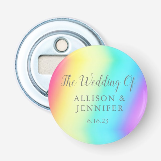Pretty Rainbow Wedding Favour Personalised Bottle Opener (Front)