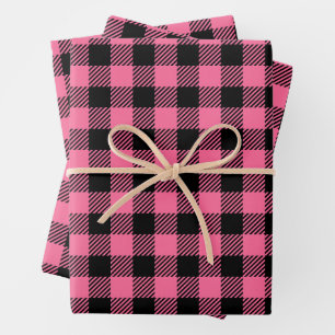Pretty Raspberry Pink And Black Buffalo Plaid  Wrapping Paper Sheet