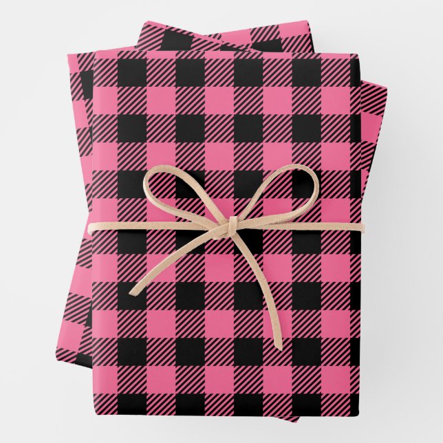 Pretty Raspberry Pink And Black Buffalo Plaid  Wrapping Paper Sheet (In situ)