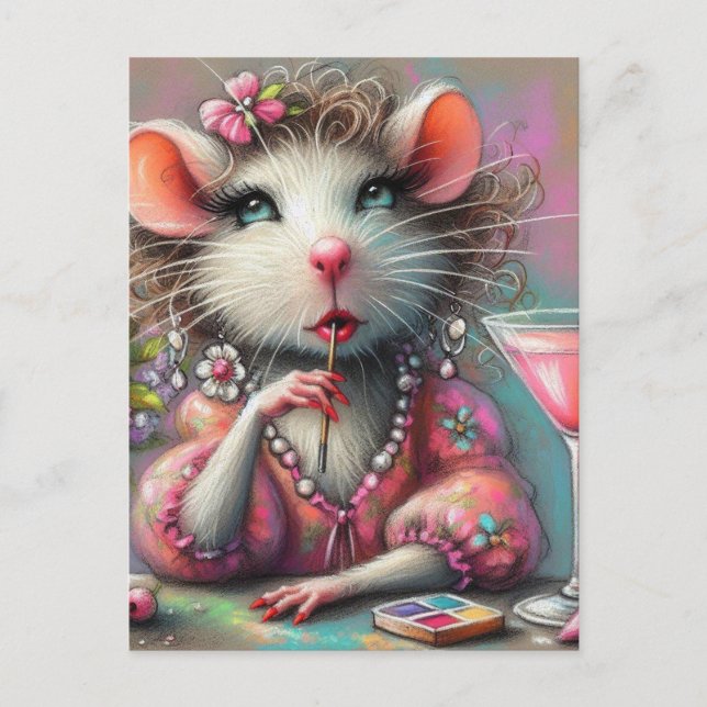 Pretty Rat Lady Having a Martini Contemplating Postcard (Front)