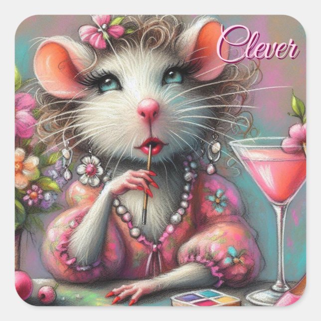 Pretty Rat Lady Having a Martini Contemplating Square Sticker (Front)