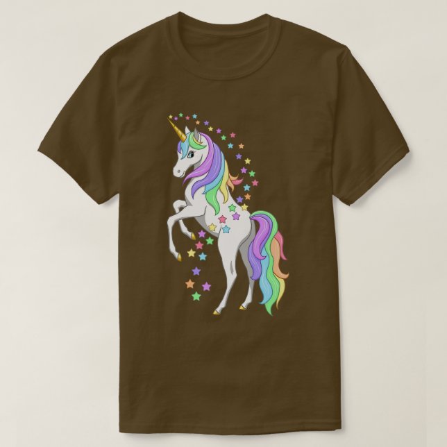 Pretty Rearing Rainbow Unicorn & Colourful Stars  T-Shirt (Design Front)