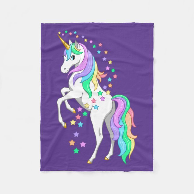 Pretty Rearing Rainbow Unicorn Falling Stars Fleece Blanket (Front)