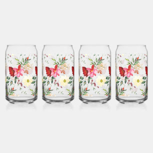 Pretty Red and Cream Florals Can Glass
