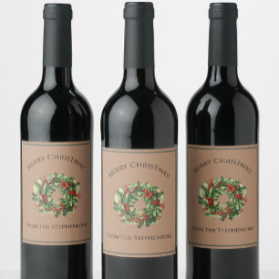 Pretty Red and Green Christmas Wreath Custom Name Wine Label