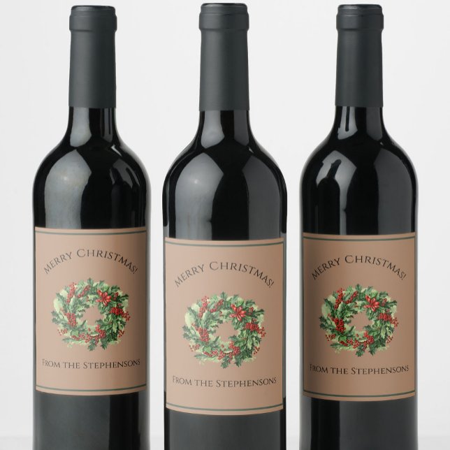 Pretty Red and Green Christmas Wreath Custom Name Wine Label (Creator Uploaded)