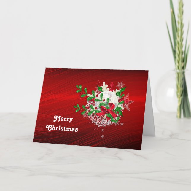 Pretty Red and Green Glitter Bouquet Christmas Holiday Card (Front)