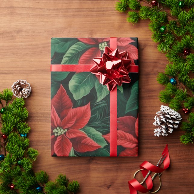 Pretty Red and Green Poinsettias Digital Art Wrapping Paper (Holiday Gift)