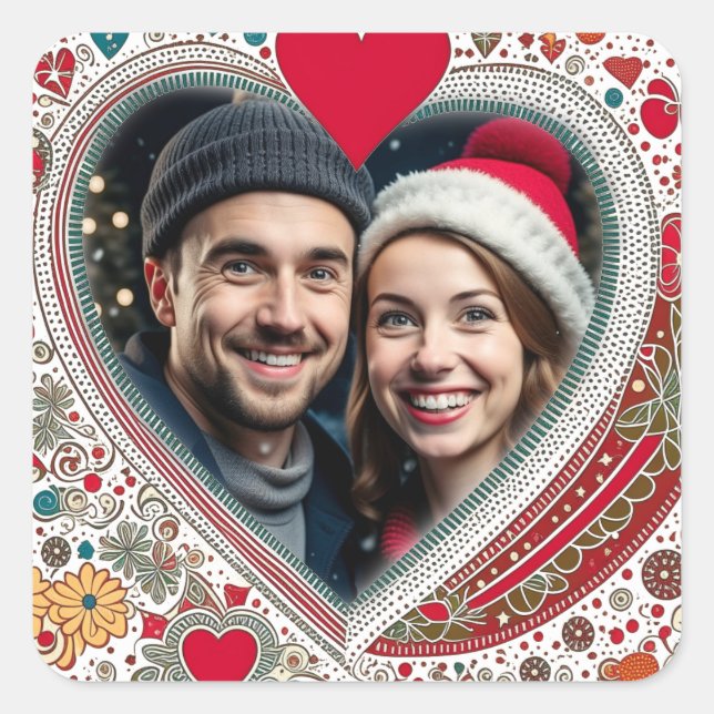 Pretty Red and Turquoise Hearts Frame  Square Sticker (Front)