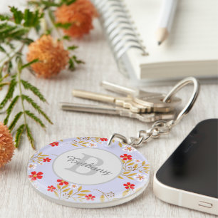 Pretty Red and White Floral Pattern Personalised Key Ring