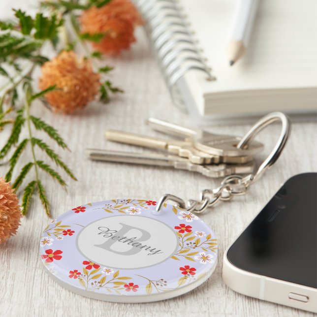 Pretty Red and White Floral Pattern Personalised Key Ring (Front Right)