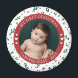 Pretty Red Berry Pattern Baby's First Christmas Magnet<br><div class="desc">Pretty baby's first Christmas photo magnet with a round photo of your baby with curved text and a pretty red berry and greenery pattern and cute hearts. Give your fridge a festive touch with this baby's first Christmas magnet personalised with name and photo of your bundle of joy!</div>