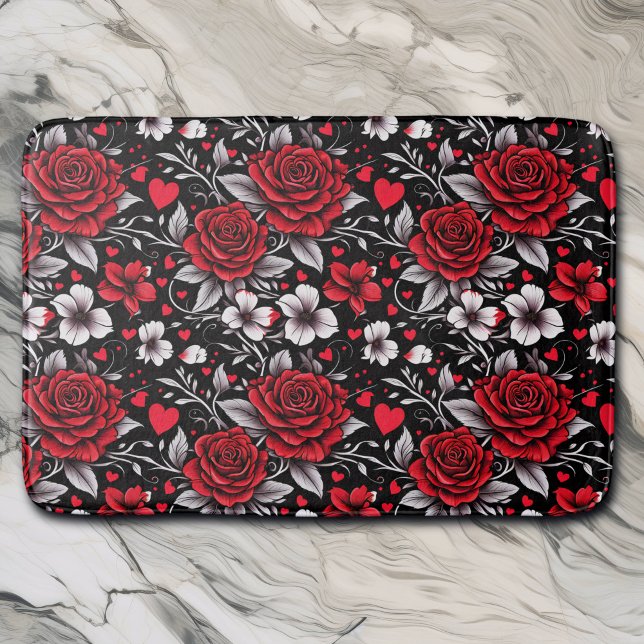 Pretty, Red, Black and White Roses, Hearts  Bath Mat (Creator Uploaded)