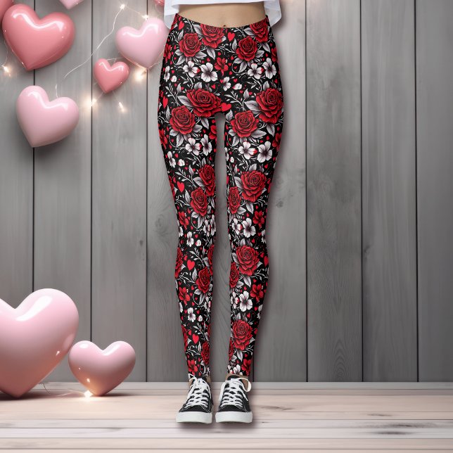 Pretty, Red, Black and White Roses, Hearts  Leggings (Creator Uploaded)
