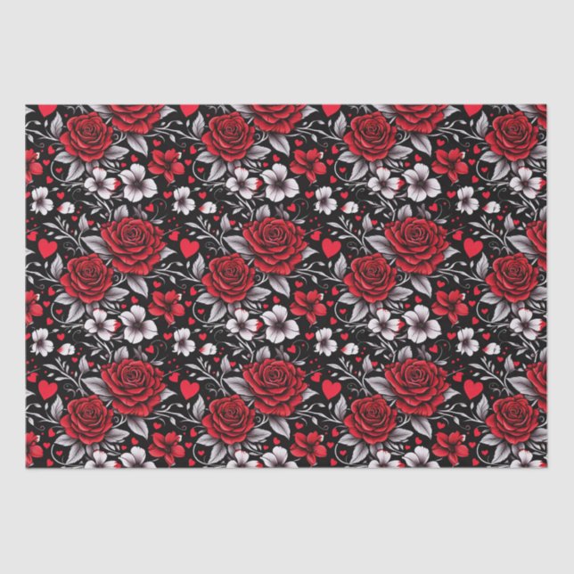 Pretty, Red, Black and White Roses, Hearts  Tissue Paper (Front)
