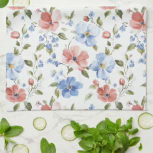 Pretty Red Blue Flowers Birthday Tea Towel